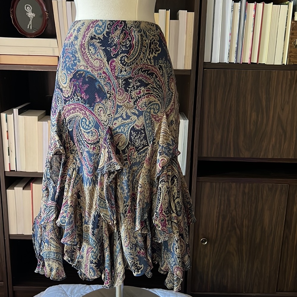 Ralph Lauren Silk Paisley Ruffle Midi Skirt
